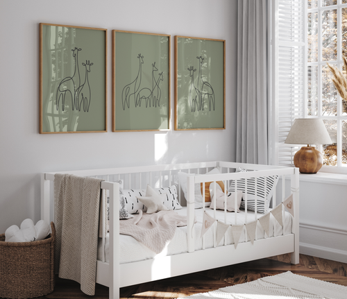 Graceful Giraffes- Minimal Line Art Print - Olive + Charcoal