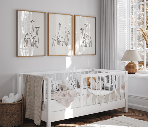 Graceful Giraffes- Minimal Line Art Print - Ivory + Taupe